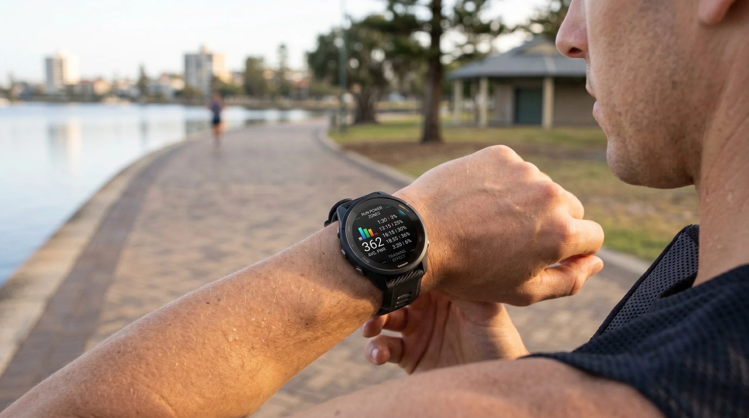 Coureur consultant sa montre Garmin Forerunner en course