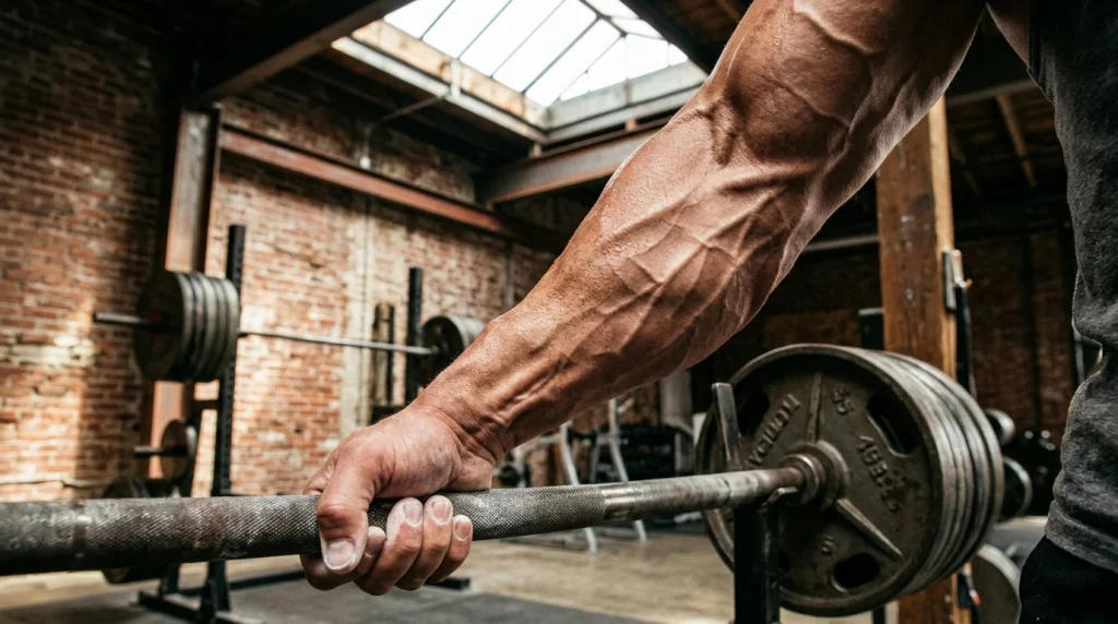 Pratiquant musclant ses avant-bras en serrant une barre, avant-bras contracte