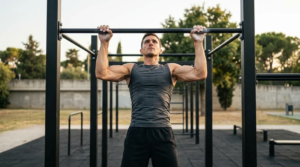 Homme realisant une traction a la barre fixe, menton au-dessus de la barre, muscles du dos et des bras engages
