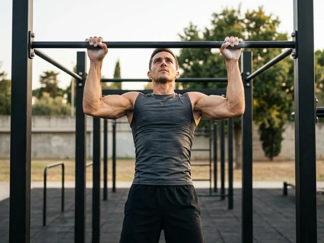 Homme realisant une traction a la barre fixe, menton au-dessus de la barre, muscles du dos et des bras engages