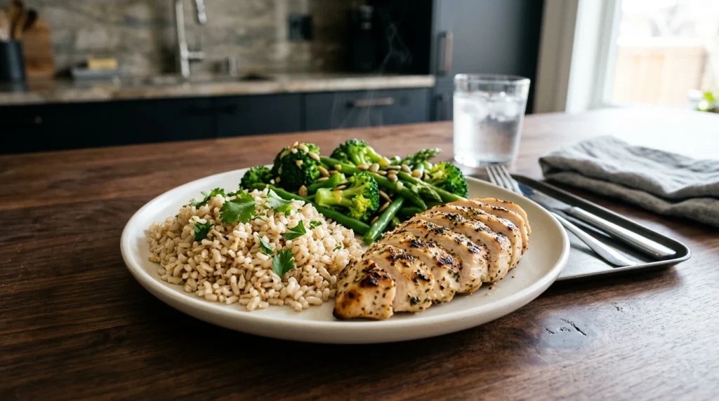 Assiette équilibrée pour sportif : féculents, protéines et légumes