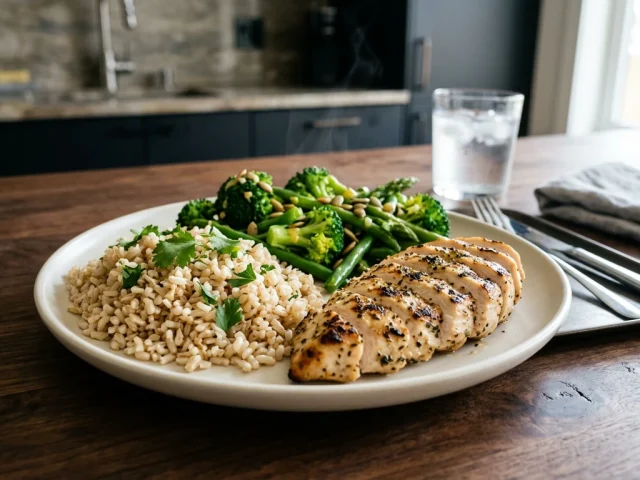 Assiette équilibrée pour sportif : féculents, protéines et légumes