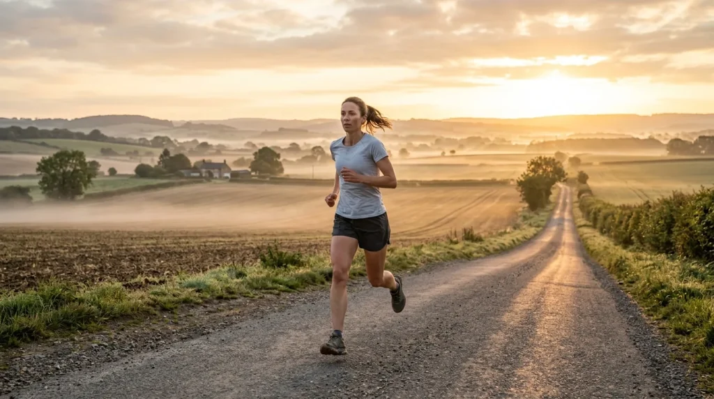 Coureur préparant son semi-marathon lors d'une sortie longue au lever du soleil