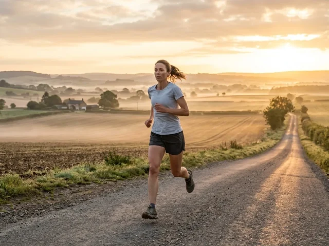 Coureur préparant son semi-marathon lors d'une sortie longue au lever du soleil