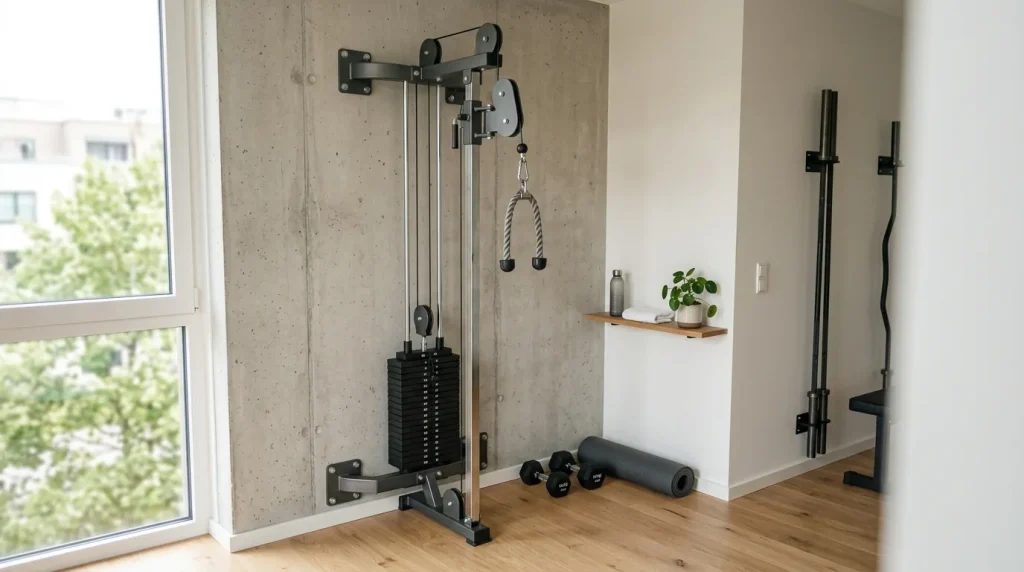 poulie de musculation fixée au mur dans un home gym maison