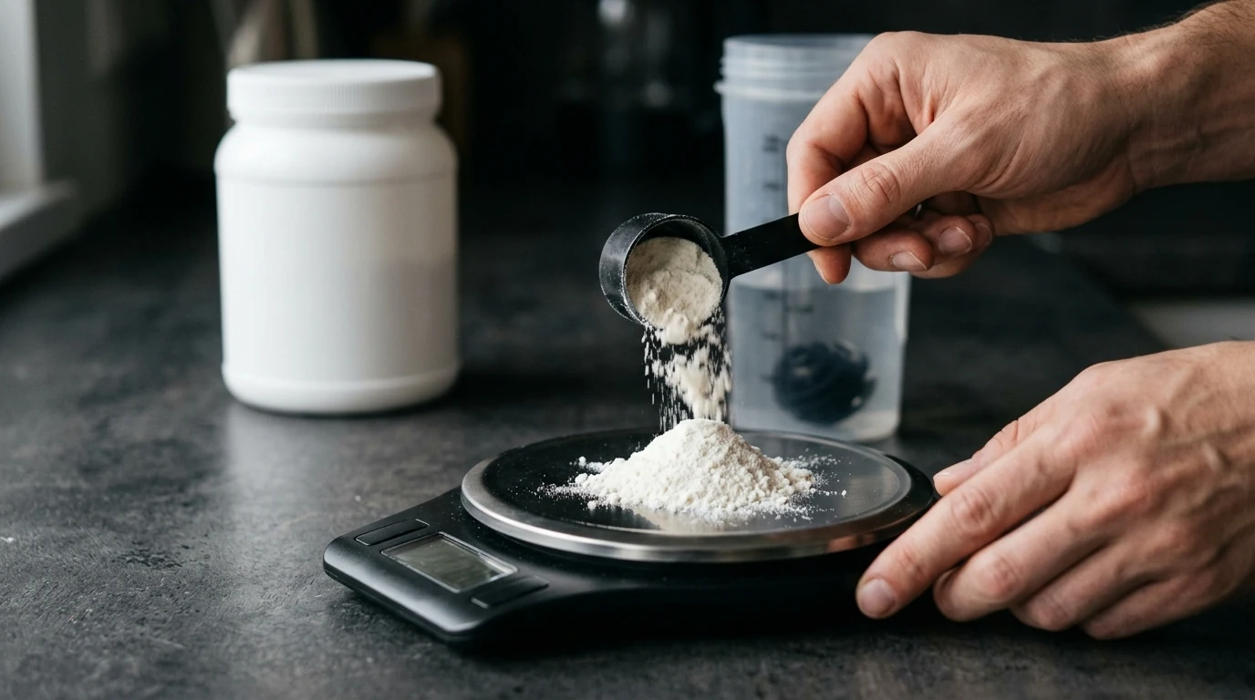 Pesée d'une dose de poudre pour un pré-workout maison sur une balance de précision