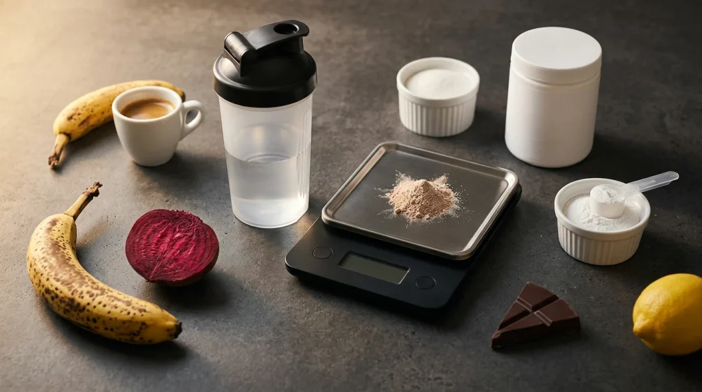 Ingredients pour preparer un pre-workout maison : shaker, cafe, banane, poudres et balance
