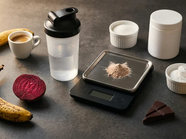 Ingredients pour preparer un pre-workout maison : shaker, cafe, banane, poudres et balance