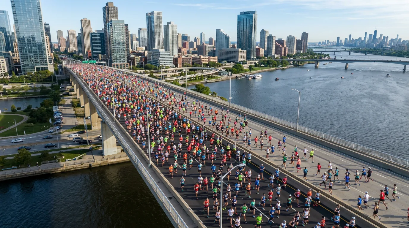 Départ d'un semi-marathon avec des milliers de coureurs sur un pont urbain