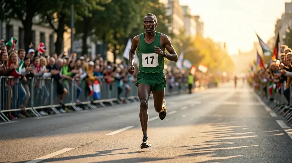 Athlète élite dossardé en course lors d'un semi-marathon international