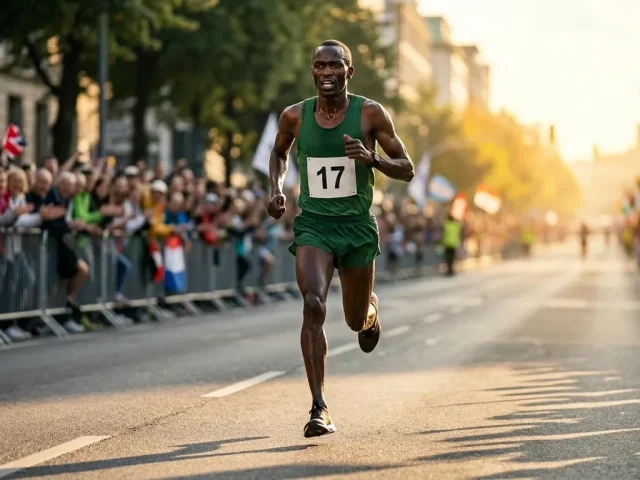 Athlète élite dossardé en course lors d'un semi-marathon international