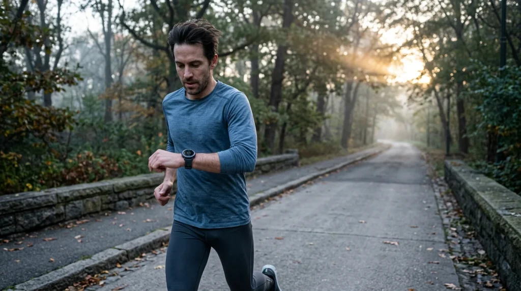 Coureur regardant sa montre GPS lors d une sortie matinale en parc