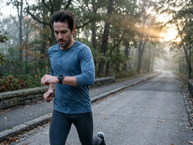 Coureur regardant sa montre GPS lors d une sortie matinale en parc
