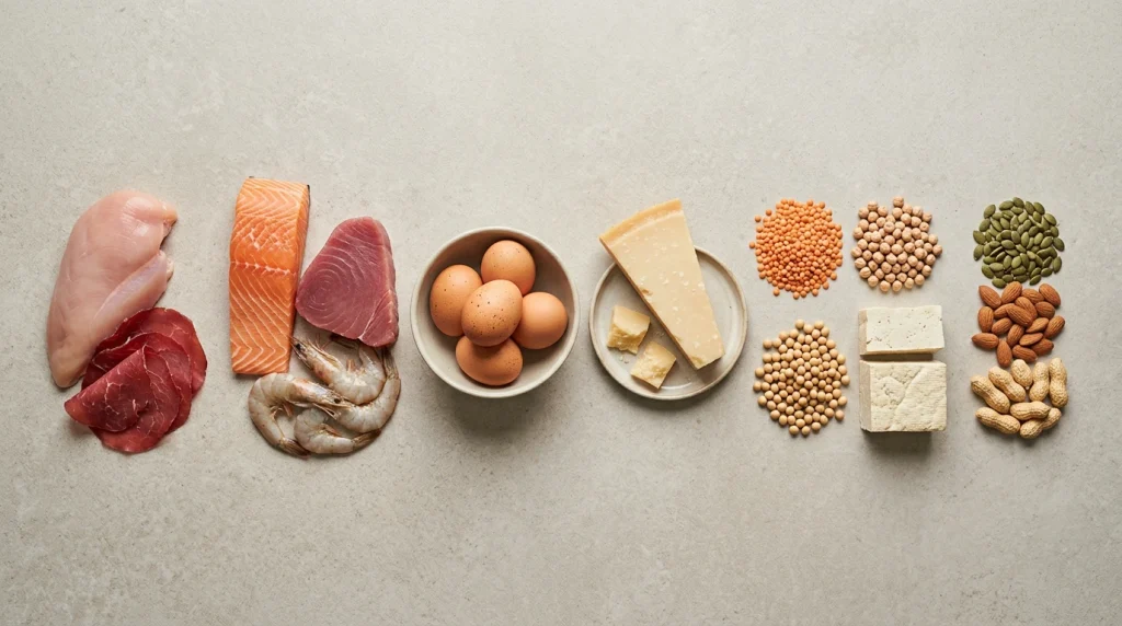 Aliments riches en proteines (viande, poisson, oeufs, legumineuses, graines) disposes par famille