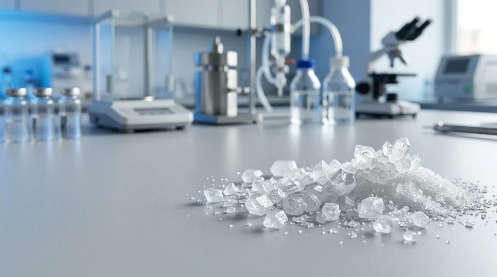 Cristaux de taurine, dérivé d'acide aminé soufré présent dans l'organisme humain