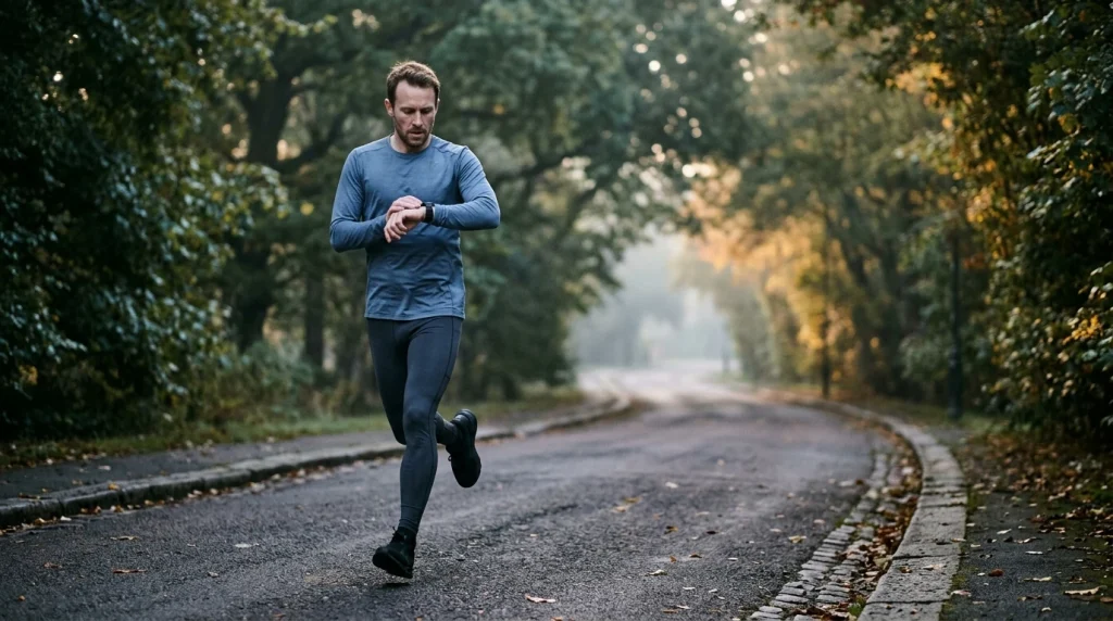 Coureur consultant sa montre cardio pour rester dans la bonne zone de frequence cardiaque en course a pied