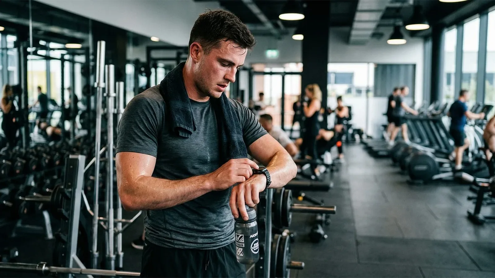 Sportif consultant sa montre cardio pour vérifier sa fréquence cardiaque pendant l'effort