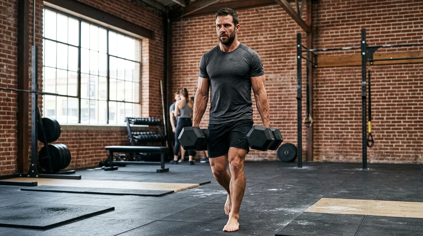 Farmer's walk, exercice de support grip avec des charges tenues en marchant