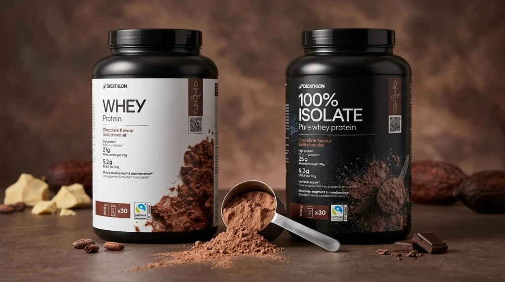 Whey proteine et Pure Whey isolate Decathlon