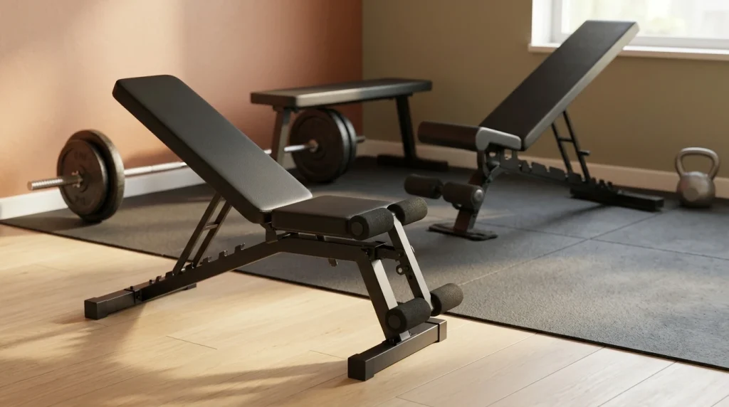 Bancs de musculation Domyos Bench 500, Bench 100 et Corength dans un home-gym