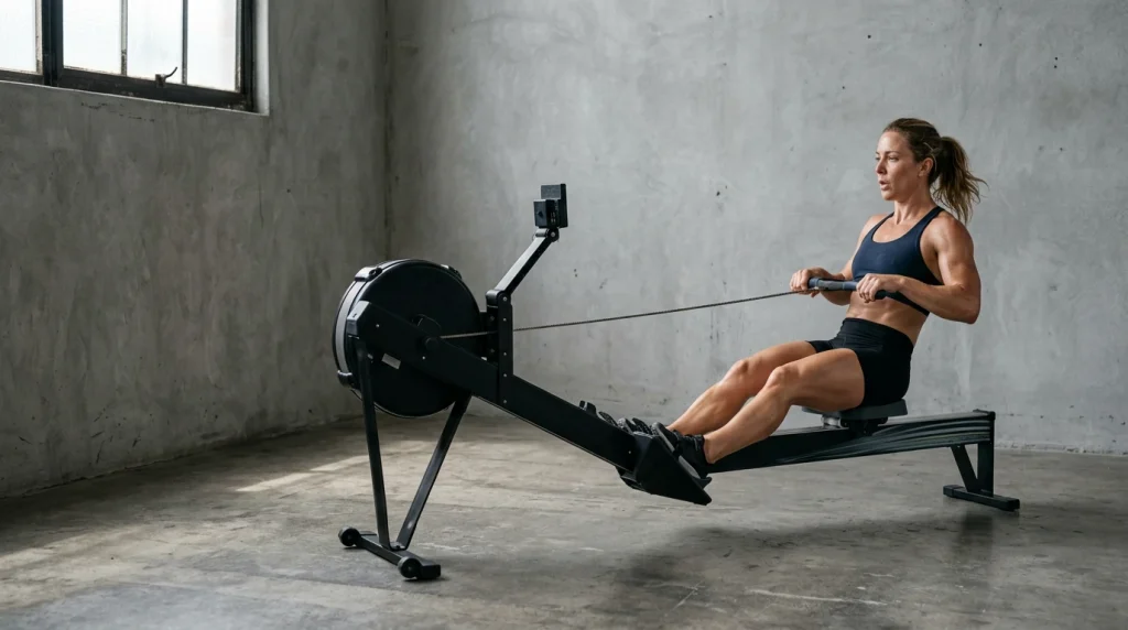 femme sur rameur d'appartement dans un home-gym, position de traction