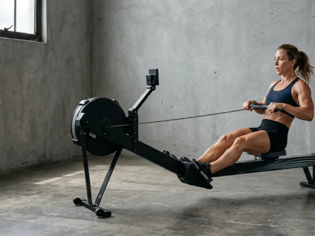 femme sur rameur d'appartement dans un home-gym, position de traction