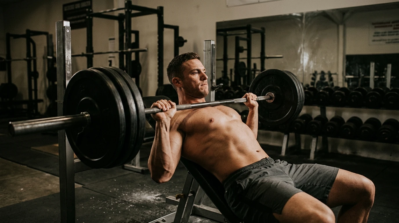 bodybuilder réalisant un développé couché à charge lourde en salle de musculation