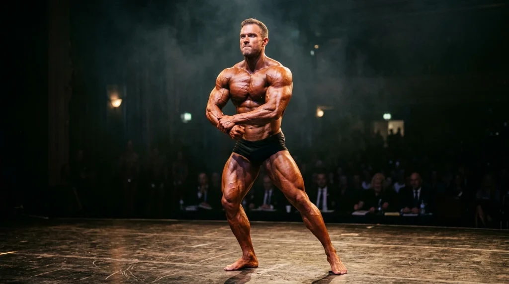 compétiteur de bodybuilding en pose de présentation sur scène