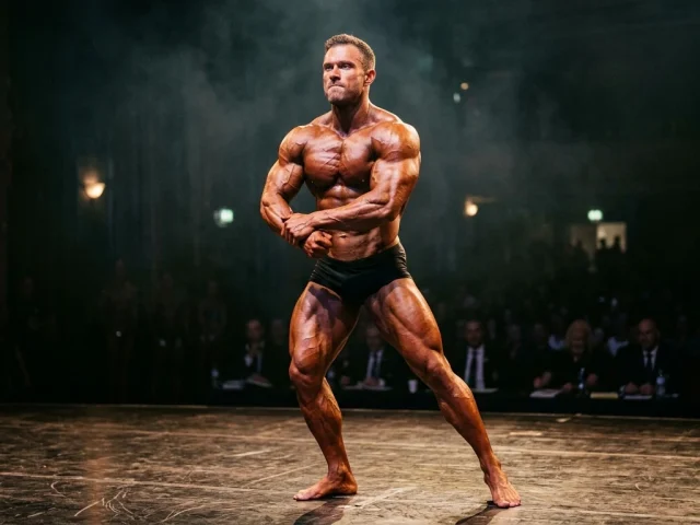 compétiteur de bodybuilding en pose de présentation sur scène
