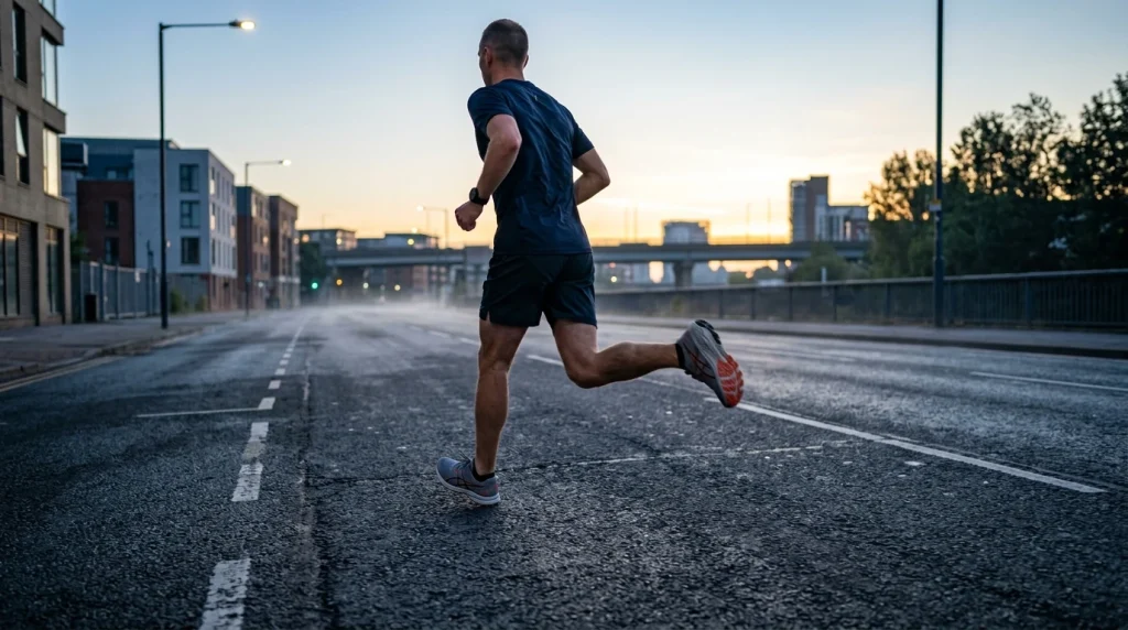 cadence de course a pied : coureur en action sur piste, foulees rapprochees visibles