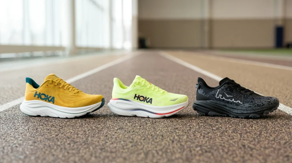 Selection de chaussures de running Hoka : Clifton 10, Bondi 9 et Speedgoat 6