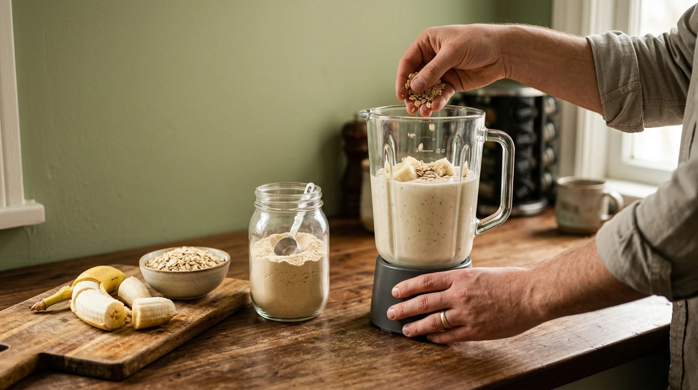 Préparation d'un smoothie protéiné fait maison pour la prise de masse