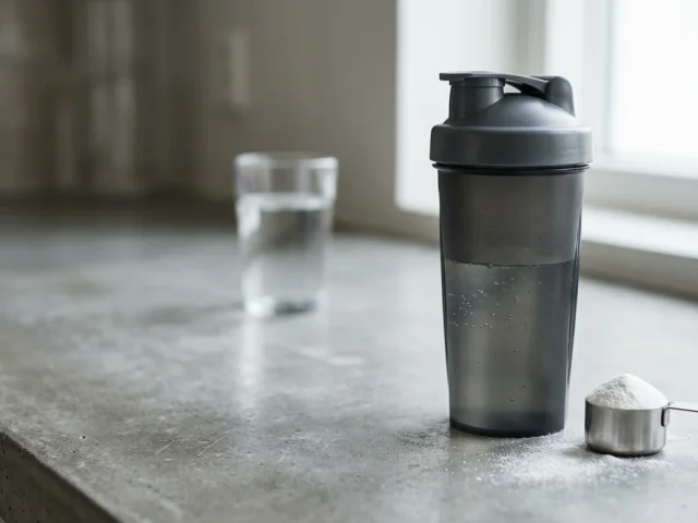 Comment prendre la créatine en poudre : shaker et dose de créatine sur un plan de travail