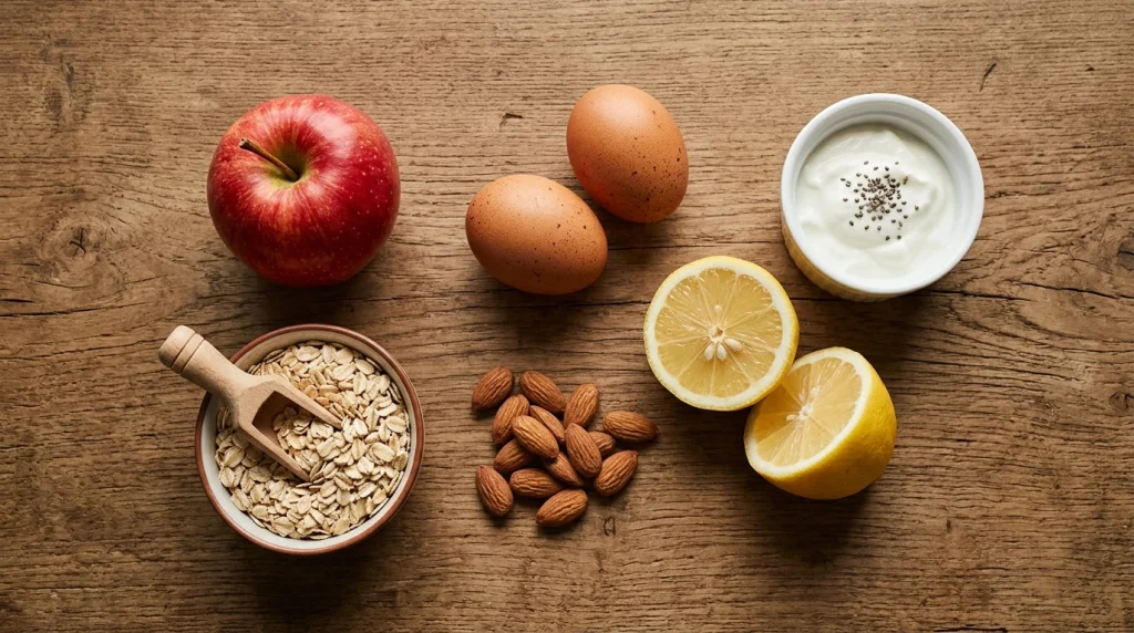 Aliments coupe-faim naturels : pomme, avoine, œufs, amandes et yaourt grec