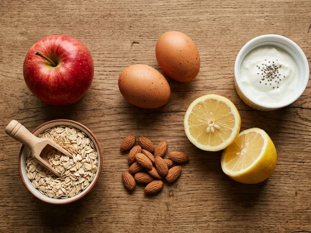 Aliments coupe-faim naturels : pomme, avoine, œufs, amandes et yaourt grec