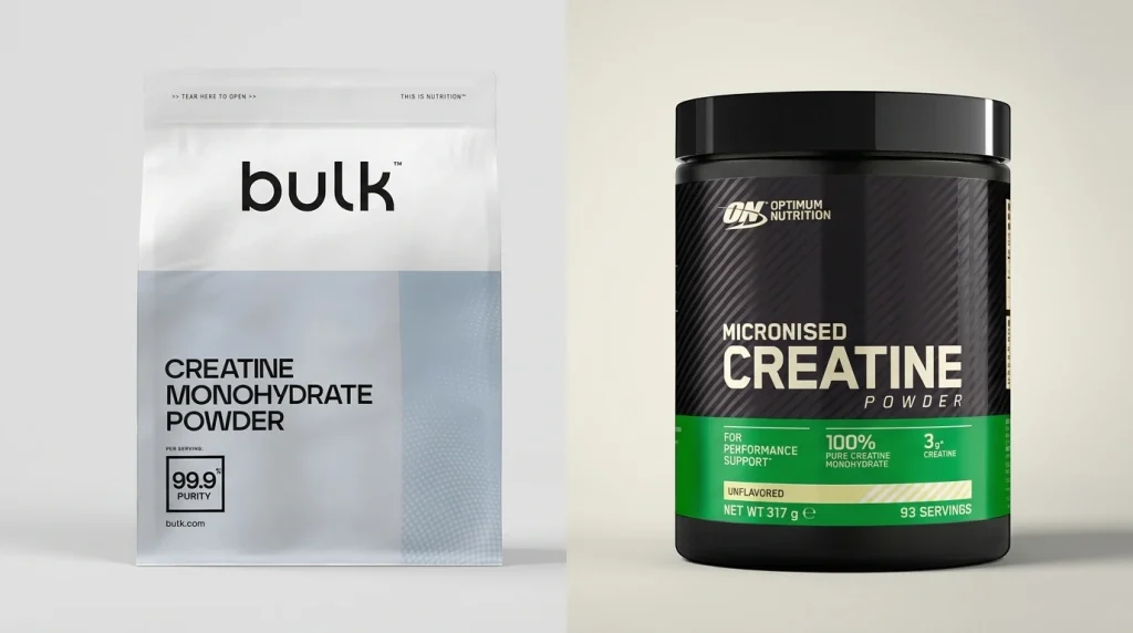 Créatine Optimum Nutrition et Bulk côte à côte
