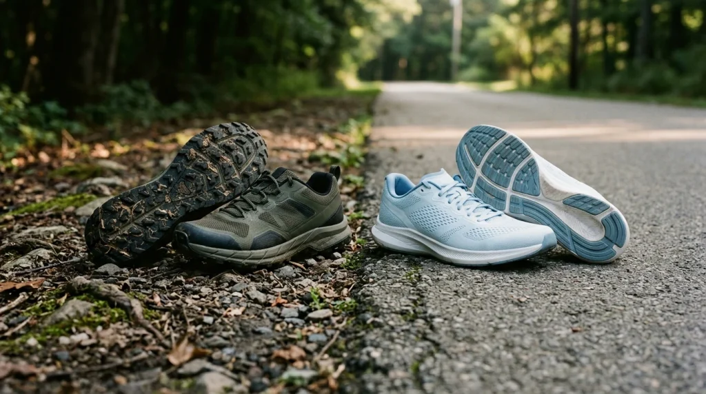 Chaussure de trail et chaussure de running route côte à côte sur leurs terrains respectifs