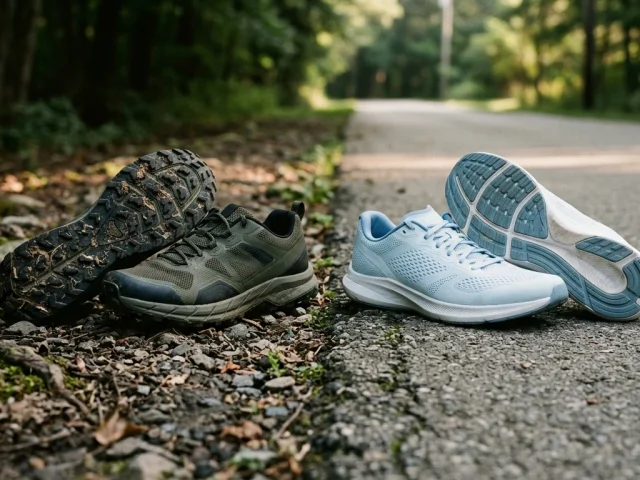Chaussure de trail et chaussure de running route côte à côte sur leurs terrains respectifs