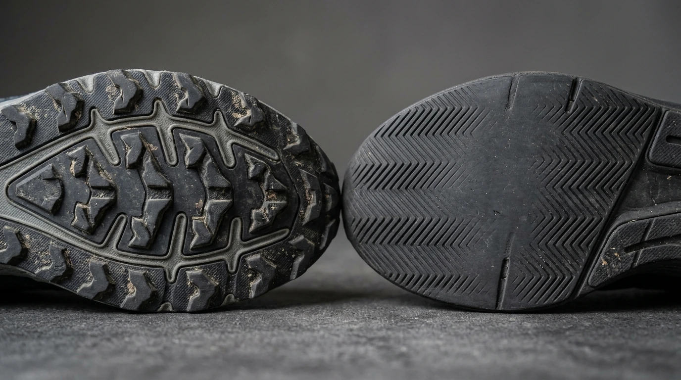 Comparaison des semelles exterieures : crampons de trail contre gomme plate de running