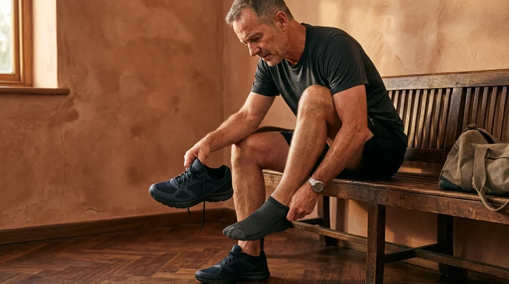 Pieds d'un coureur en chaussures de running, focus sur l'avant-pied et les orteils