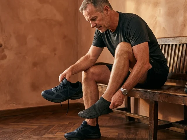Pieds d'un coureur en chaussures de running, focus sur l'avant-pied et les orteils