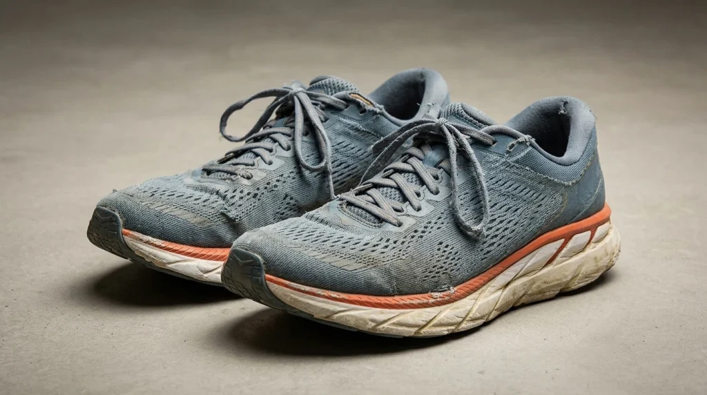 Chaussure de running usée vue de profil, semelle intermédiaire compressée