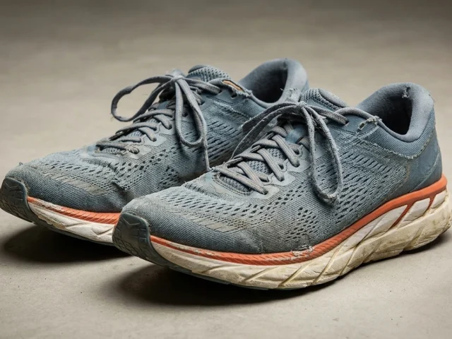 Chaussure de running usée vue de profil, semelle intermédiaire compressée