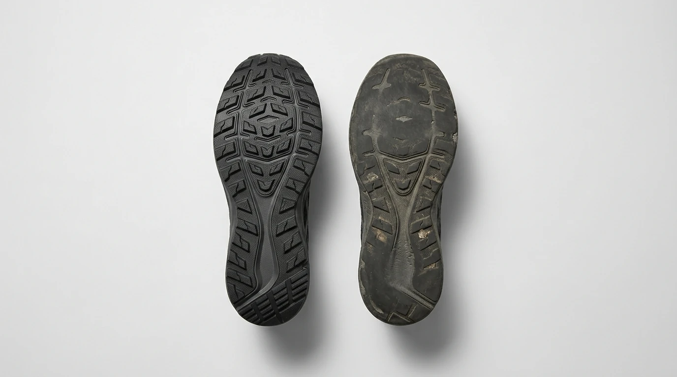 Comparaison d'une semelle de running neuve et d'une semelle usée et lisse