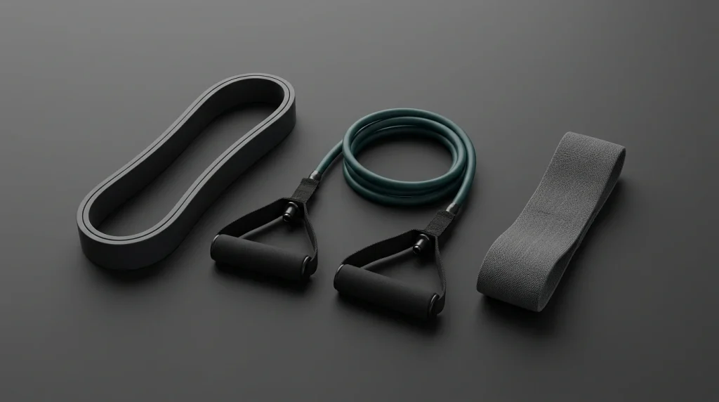 Trois types d'elastiques de musculation : boucle fermee, tube a poignees et mini-band