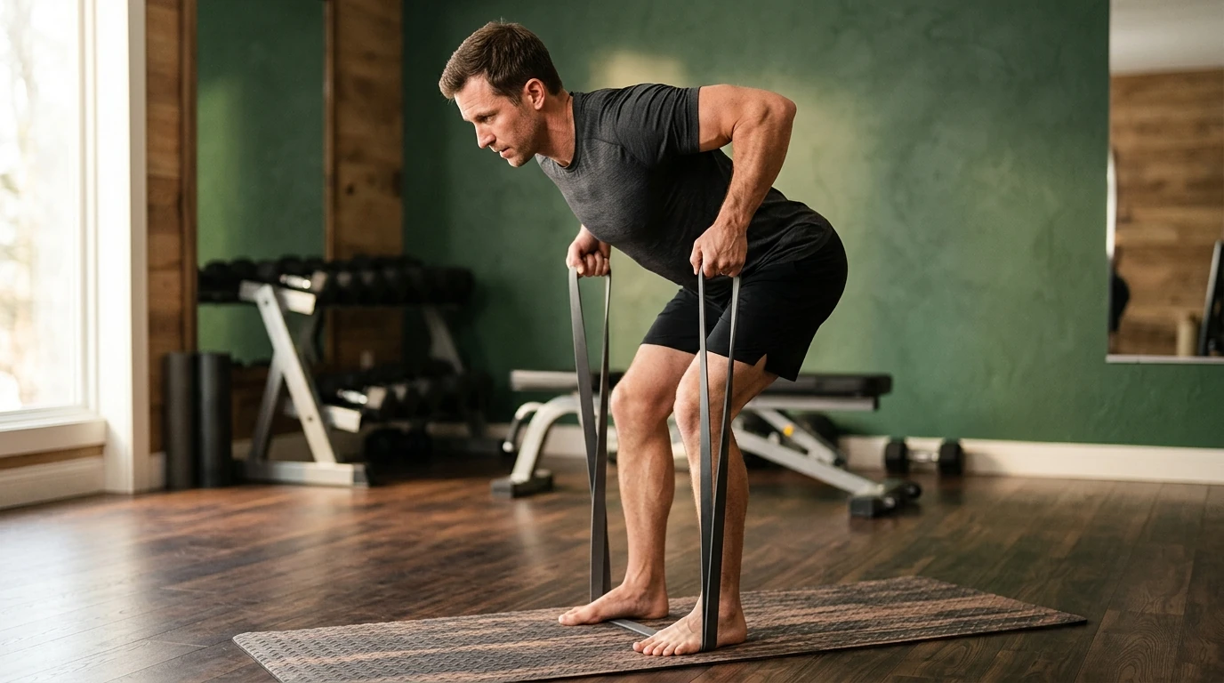 Utilisation d'un élastique de musculation en boucle fermée pour un exercice de tirage