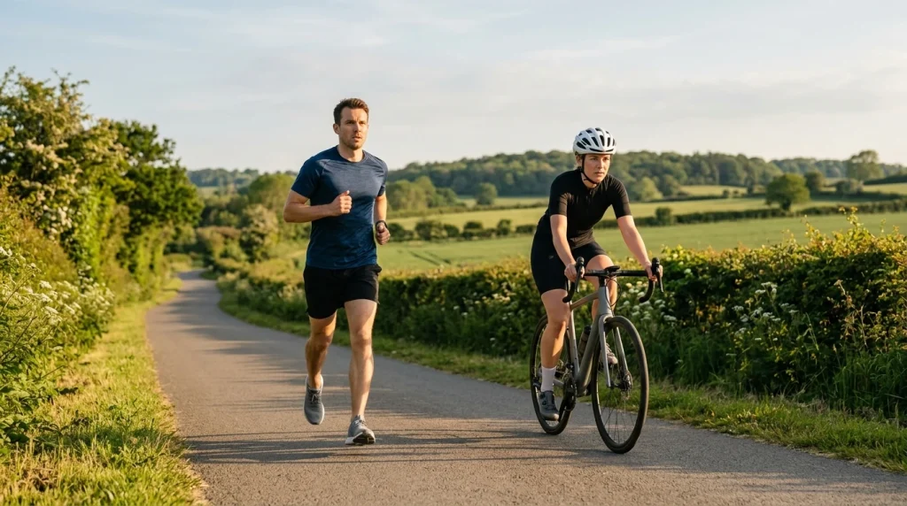 Coureur et cycliste s'entraînant côte à côte, comparaison des efforts course à pied et vélo