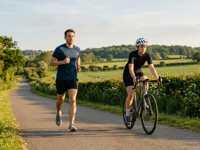 Coureur et cycliste s'entraînant côte à côte, comparaison des efforts course à pied et vélo