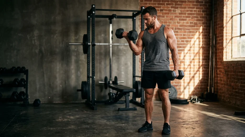 exercice curl biceps haltères en home-gym