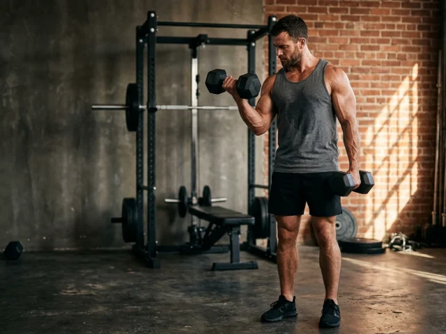 exercice curl biceps haltères en home-gym